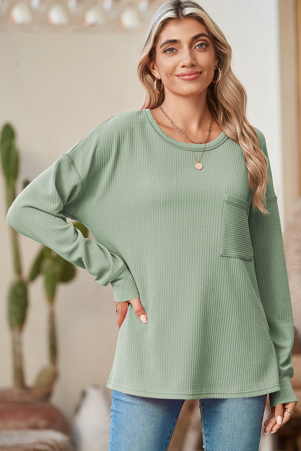 Clearly Aqua Pocketed Ribbed Long Sleeve Top