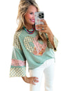 Aqua Plaid Floral Patchwork Heart Long Sleeve Top