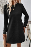 Black Plain Textured Long Sleeve Shift Short Dress