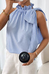 Sky Blue Striped Frill Neck Tie Knot Sleeveless Top