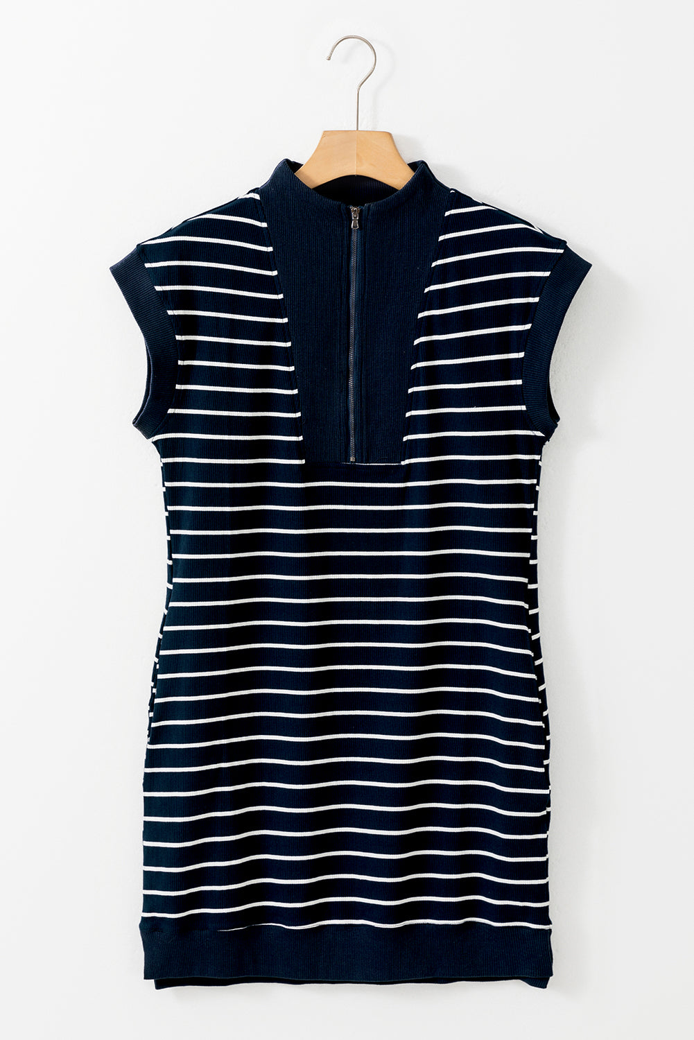 Blue Striped Zip Collar Patchwork Ribbed Mini Dress