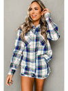 Blue Plaid Print Shirt and Frill Trim Shorts Pajama Set