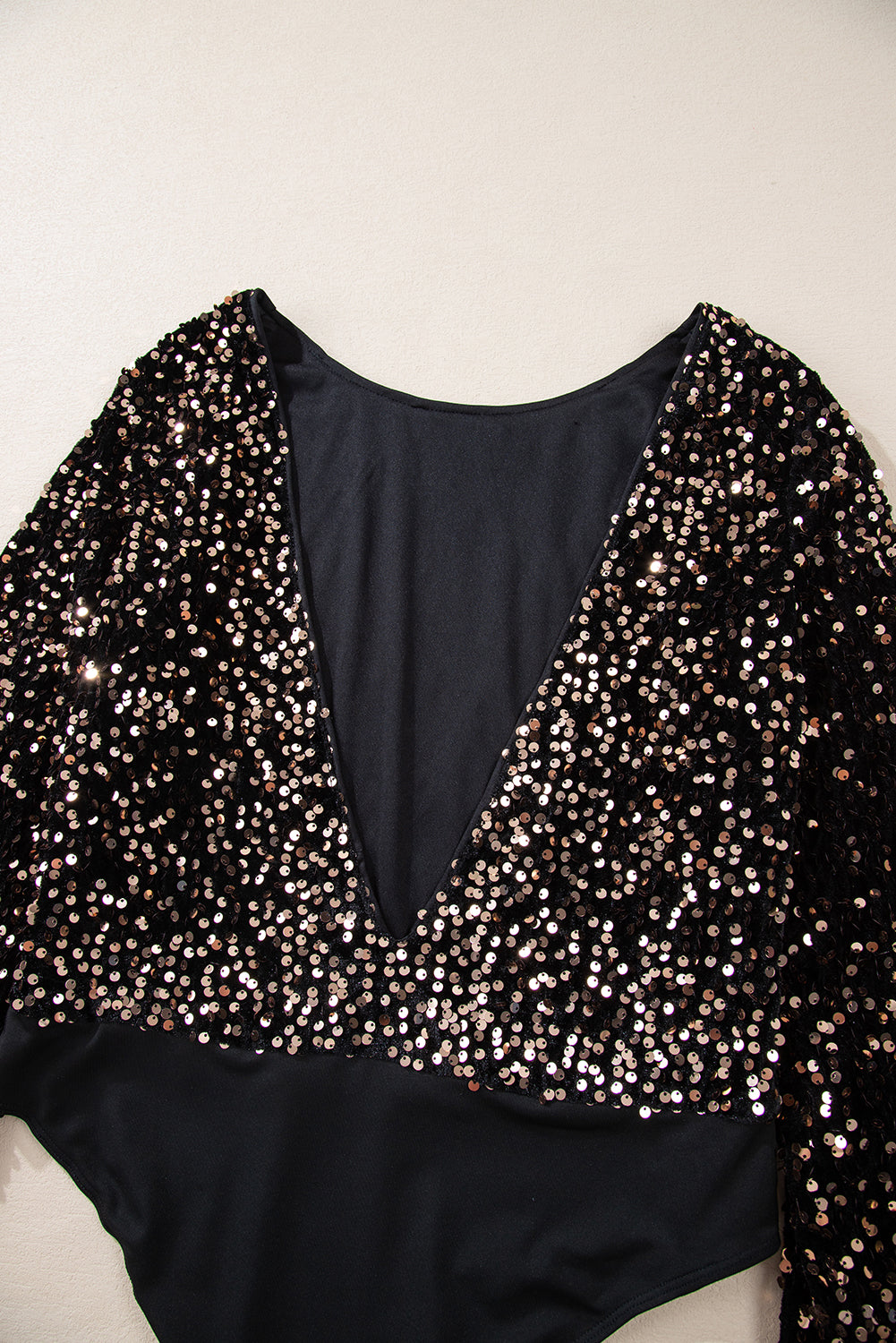 Bodysuit Black Sequin Deep V Back Puff Sleeve Bodysuit.