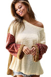 Beige Swiss Dot Drop Shoulder Patchwork Loose Knit Top