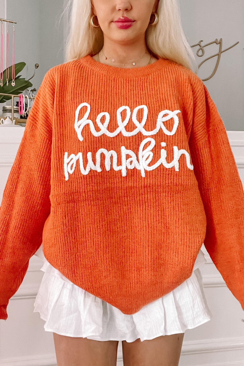 White Hello Pumpkin Graphic Sweater