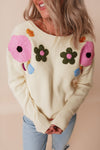 Crochet Flower Round Neck Dropped Shoulder Sweater - Cocoa Yacht Club