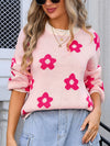 Angel Wings Flower Round Neck Dropped Shoulder Sweater - Cocoa Yacht Club