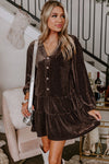 Dark Brown Textured Velvet V Neck Button Mini Dress