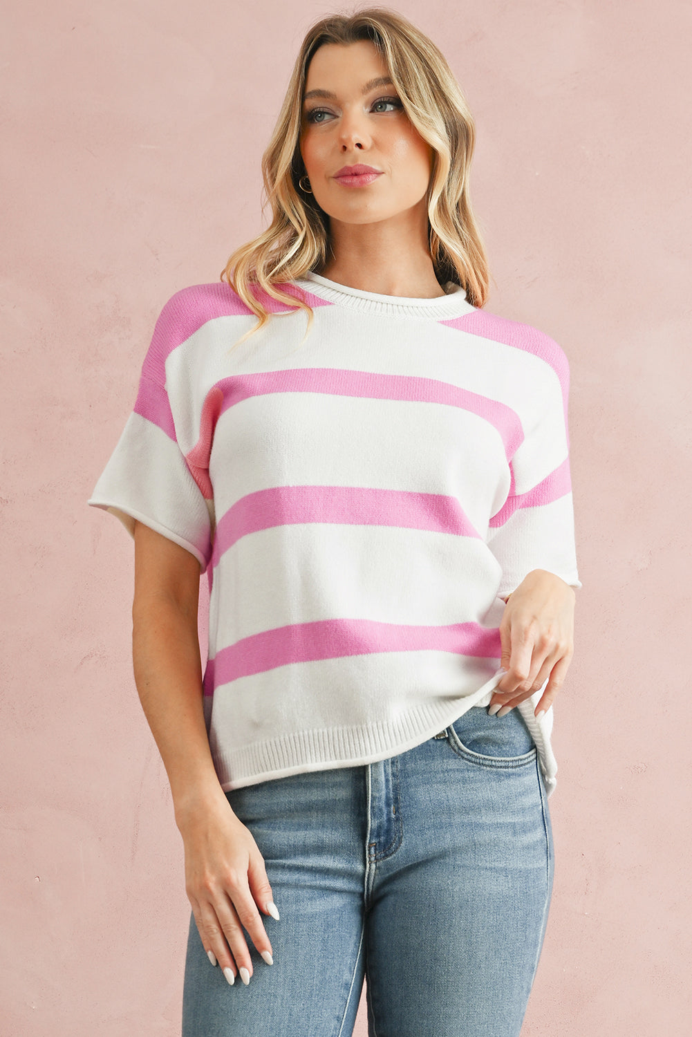 Khaki Striped Drop Shoulder Knitted Top