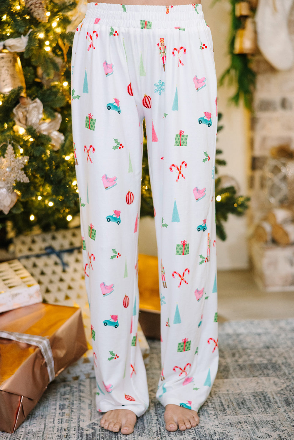 White Christmas Print Lapel Shirt and Pants Pajama Set