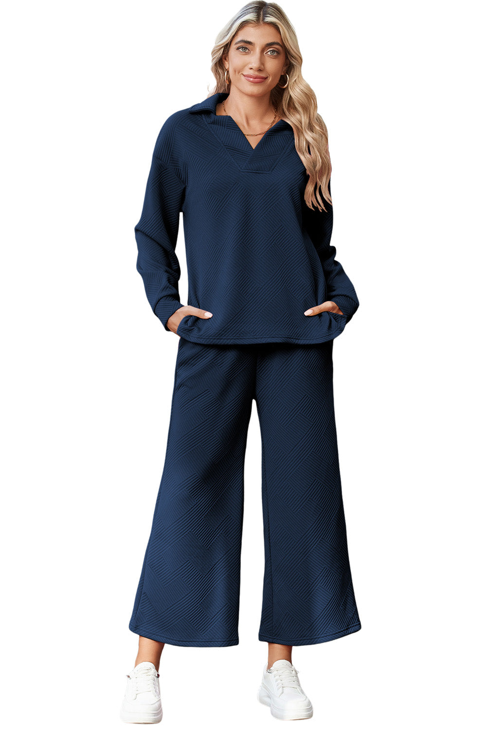 Sail Blue Solid Textured Collared V Neck Top and Wide Leg Pants Set