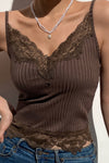 Coffee Lace Applique Sexy Ribbed Camisole