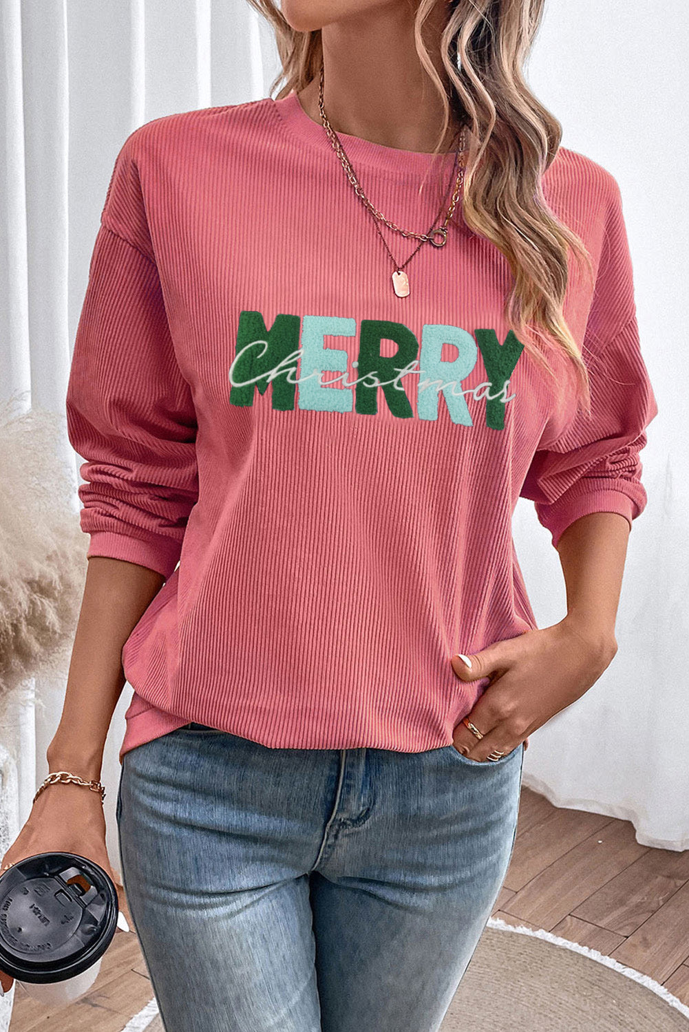 Racing Red Corded MERRY Christmas Letter Graphic Sweatshirt