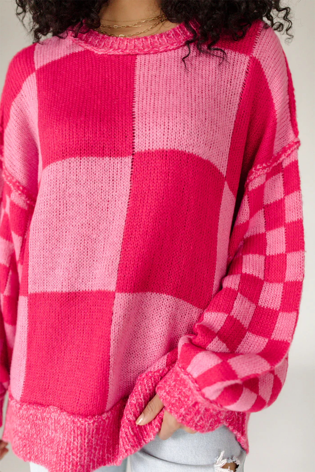 Rose Red Checkered Drop Sleeve Knit Sweater