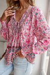 Blouses Pink Boho Floral Print Lace Up V Neck Smocked Sleeve Blouse.