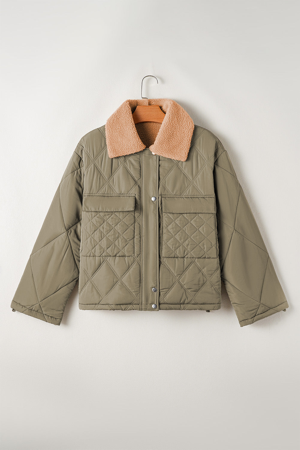 Jungle Green Teddy Collar Flap Pockets Quilted Puffer Jacket