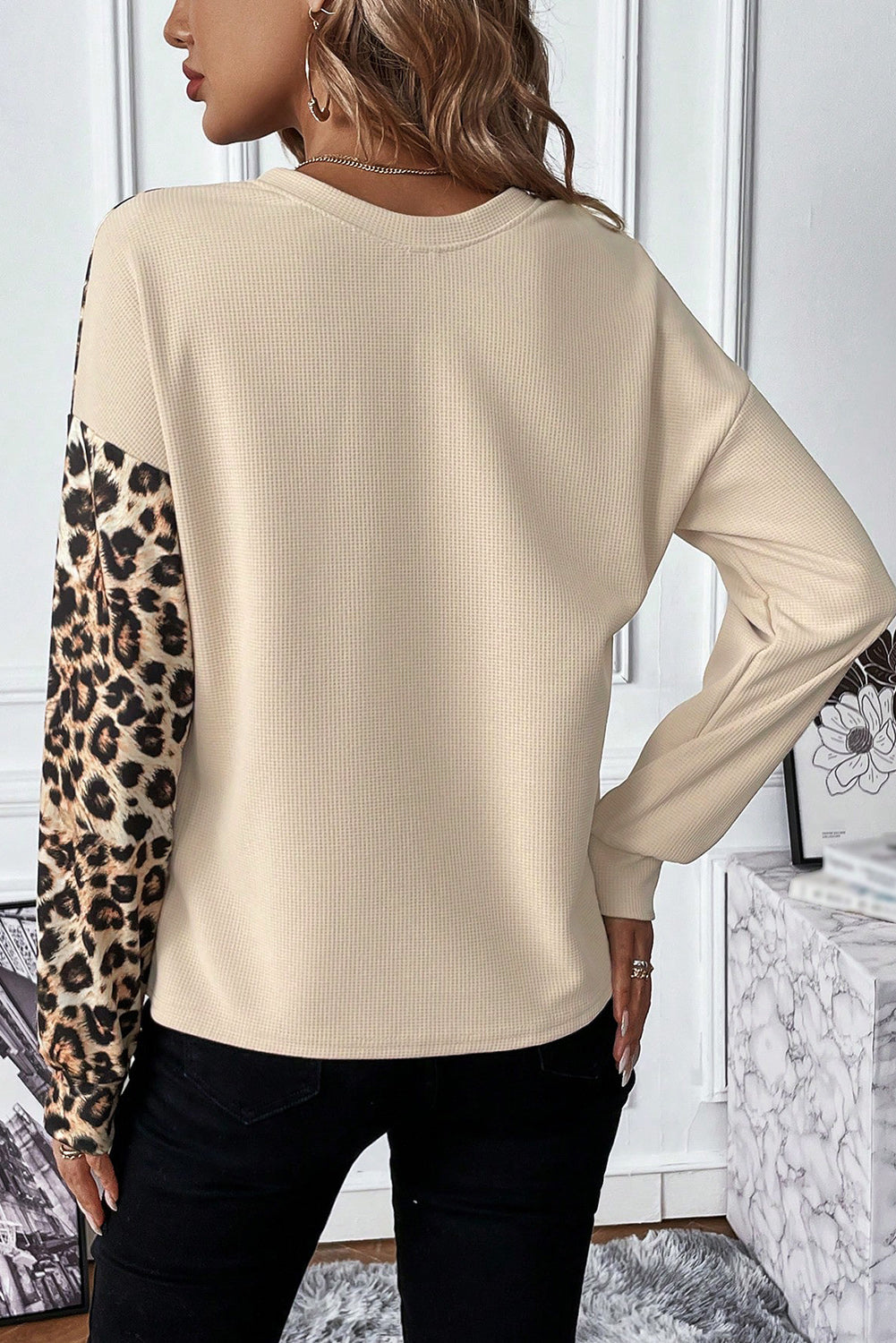 Pale Khaki Casual Waffle Knit Leopard Contrast Long Sleeve Top