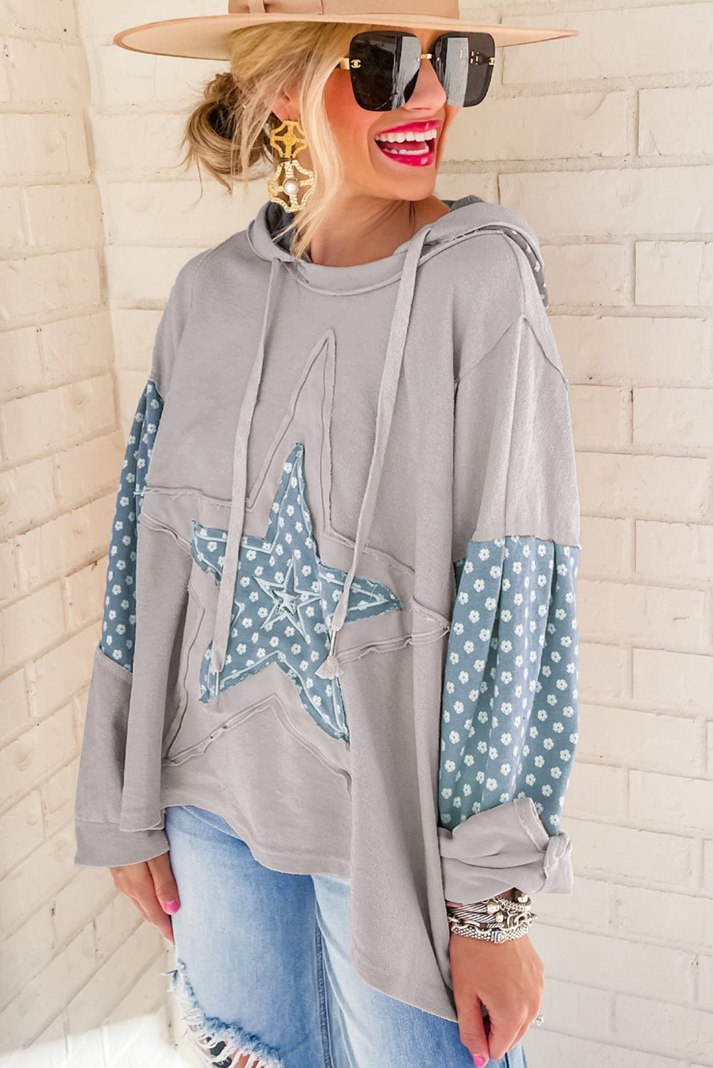 Beau Blue Floral Patchwork Star Pattern Drawstring Hoodie