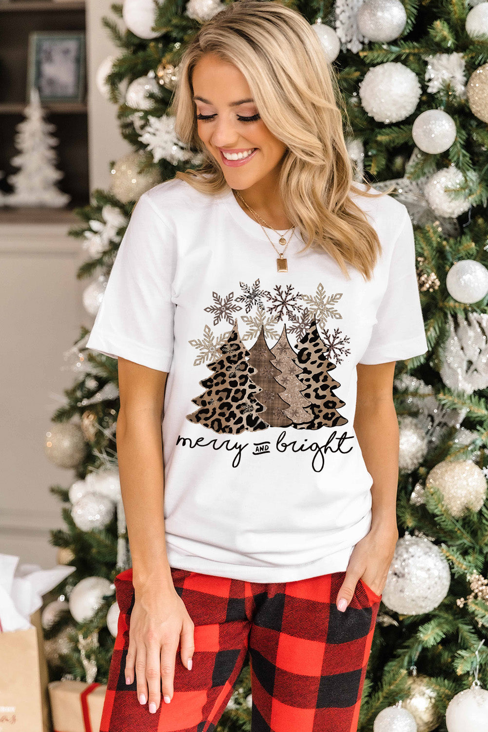 White Leopard Christmas Tree Casual Crew Neck Graphic Tee