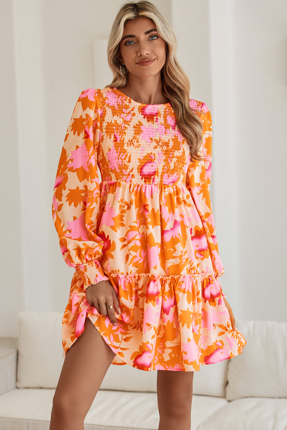 Orange Abstract Print Smocked Bust Lantern Sleeve Ruffle Mini Dress