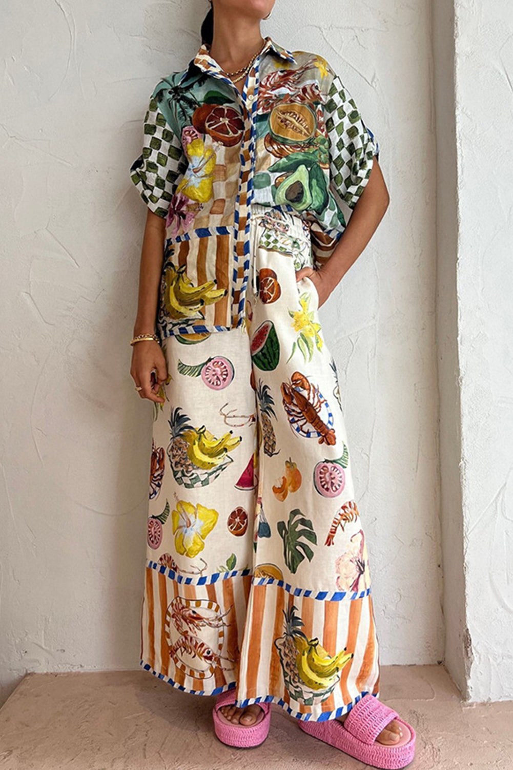 Multicolour Tropical Print Wide Leg Pants