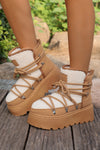 Camel Sherpa PU Leather Patchwork Lace-up Thick Bottom Snow Boots