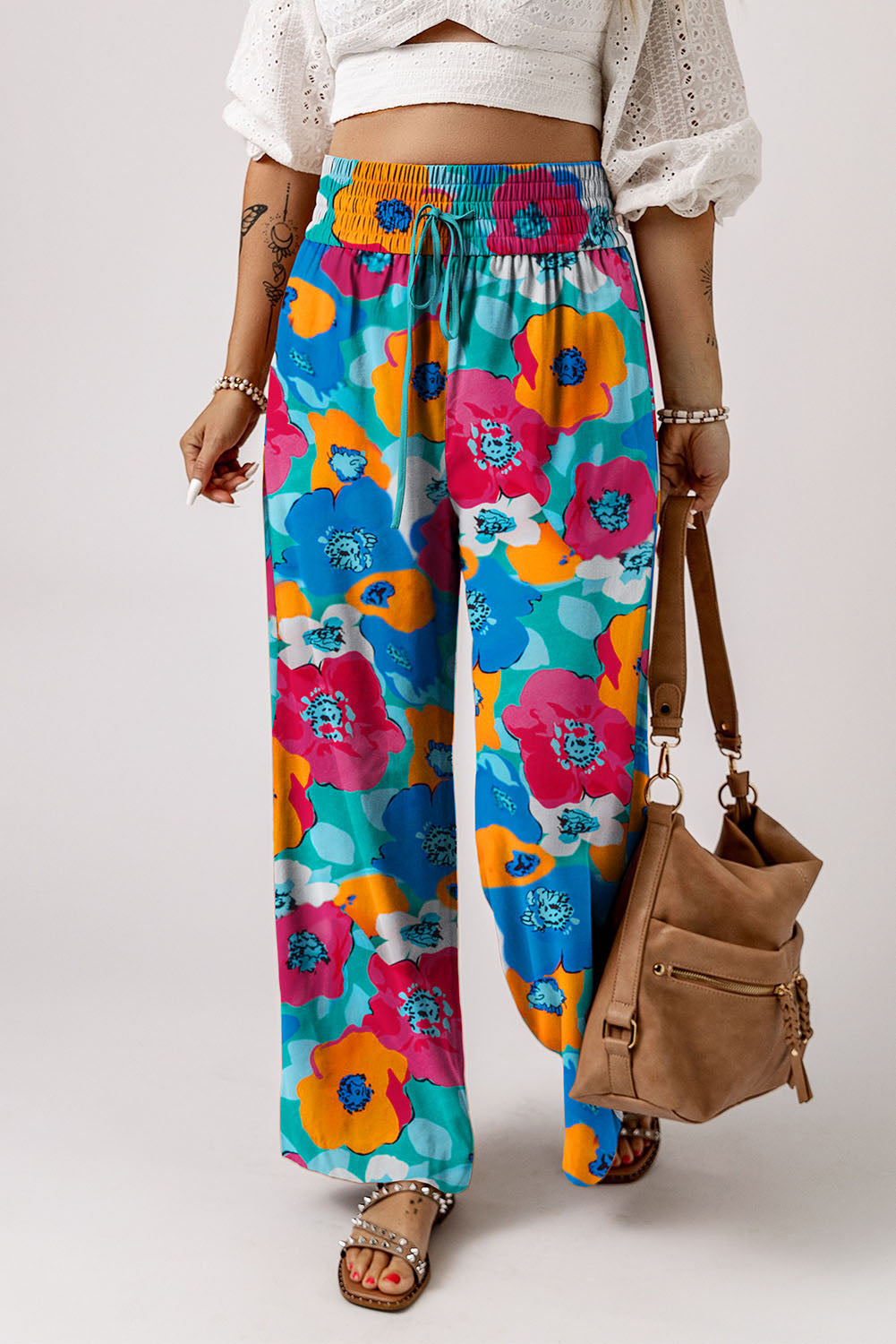 Multicolor Floral Abstract Print Drawstring Wide Waistband Pants