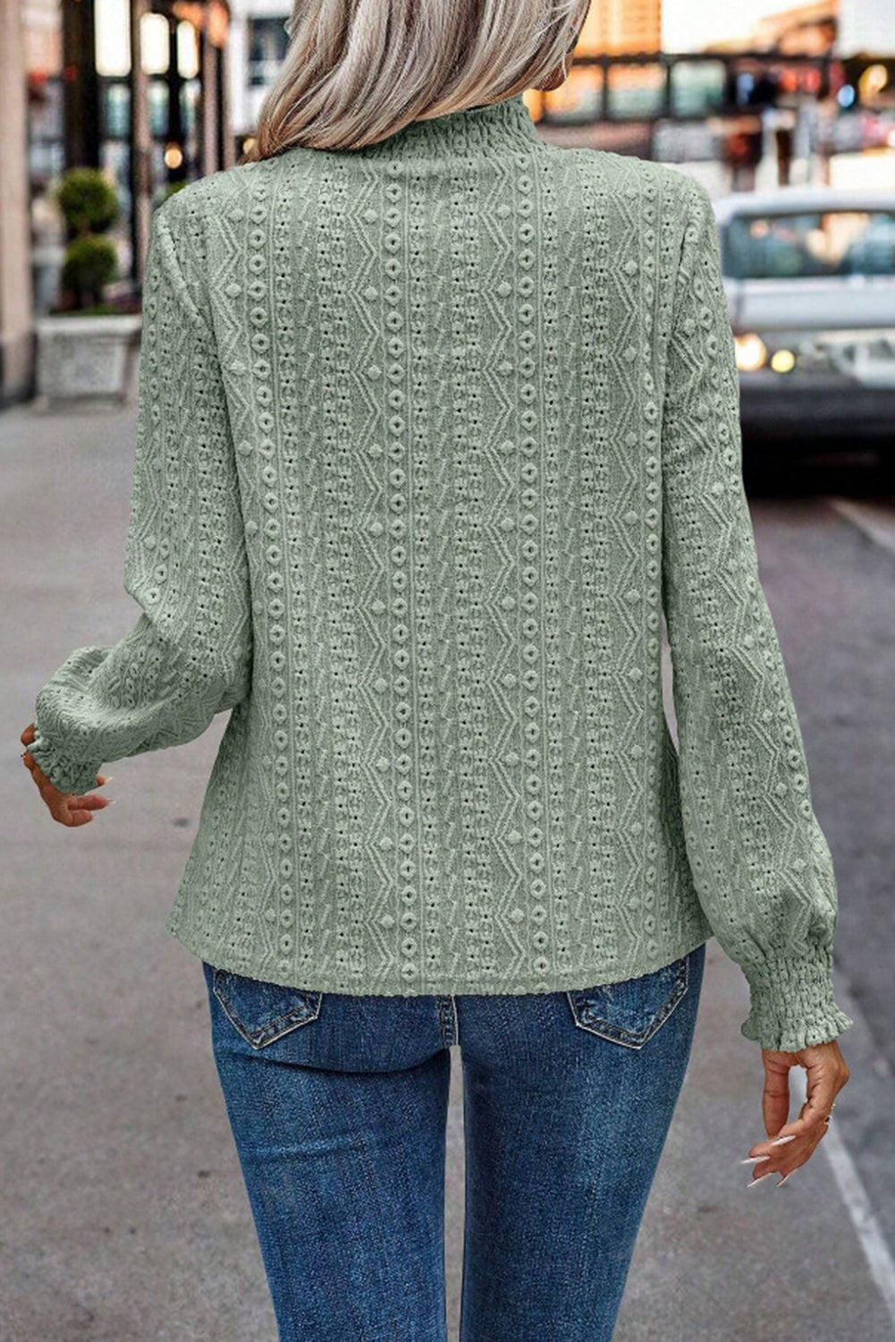 Smoke Green Jacquard Frill Neck Eyelet Long Sleeve Top