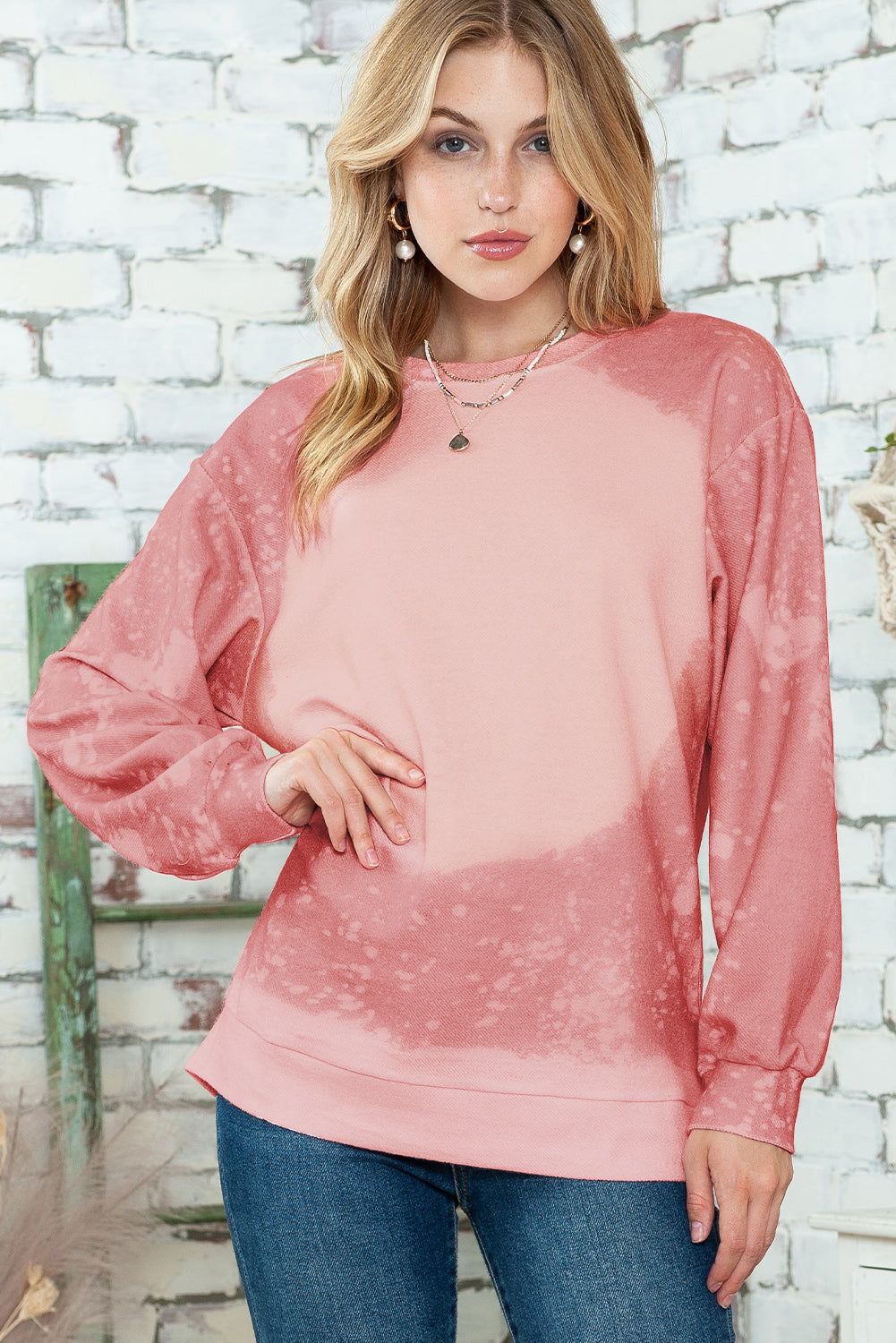 Pink Bleached Round Neck Pullover Sweatshirt