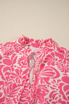 Pink Plus Size Floral Print Frilled Neck Puff Sleeve Blouse