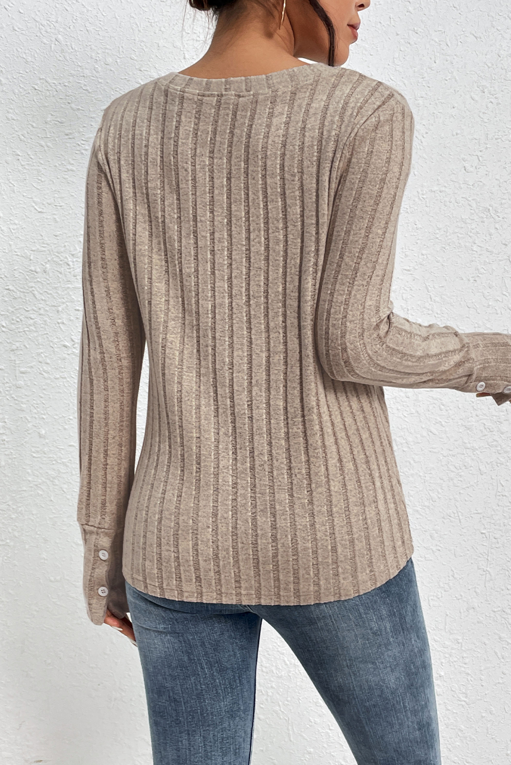 Simply Taupe Lace Patchwork V-neck Long Sleeve Top