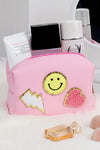 Pink Pu Cute Smile Valentines Heart Patched Makeup Bag