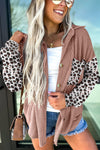 Dark Khaki Leopard Patchwork Twisted Ribbed Casual Shacket