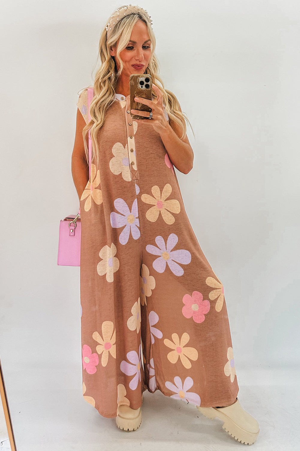 Khaki Floral Print Sleeveless Button up Wide Leg Loose Jumpsuit