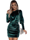 Black Velvet Puff Sleeve Ruched Bodycon Dress