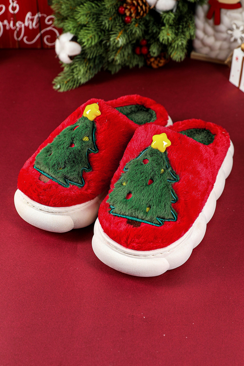 Fiery Red Christmas Tree Graphic Plush Slippers