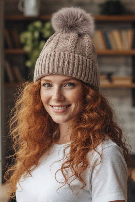 Large Genuine Fur PomPom Cashmere Beanie