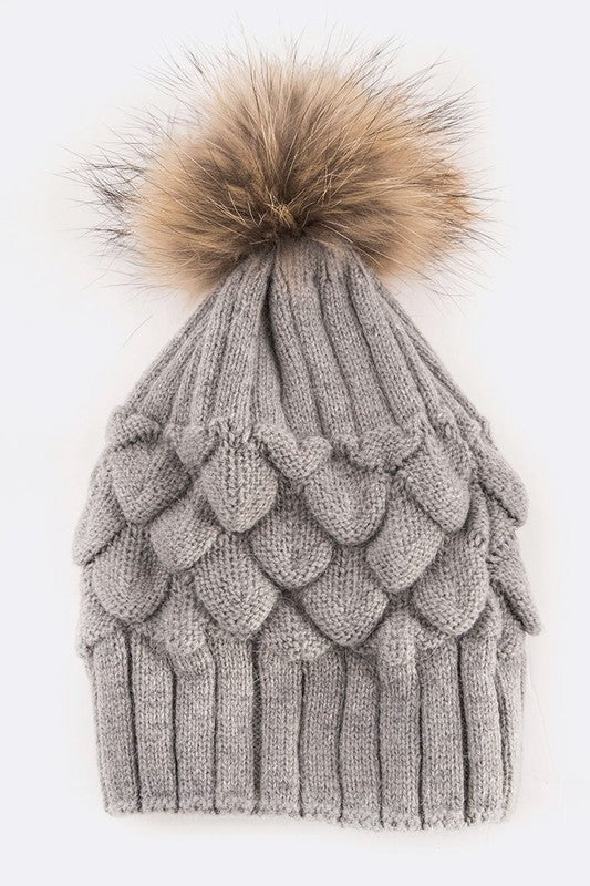 Large Genuine Fur Pom Pineapple Knit Soft Beanies