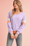 Orchid Rib Patchwork Drop Shoulder V Neck Sweatshirt