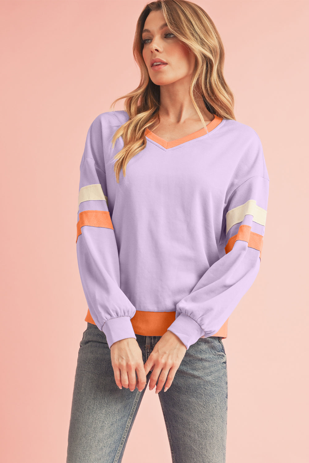 Orchid Rib Patchwork Drop Shoulder V Neck Sweatshirt