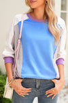 Blue Colorblock Patchwork Round Neck Pullover Sweatshirt
