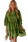 Black Contrast Stitched V Neck 3/4 Sleeve Swing Mini Dress