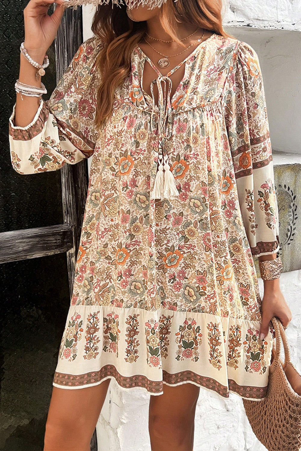 Apricot Floral Printed Loose Casual V-Neck Lace-Up Dress