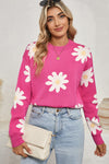 Bright Pink Daisy Ribbed Hem Sweater