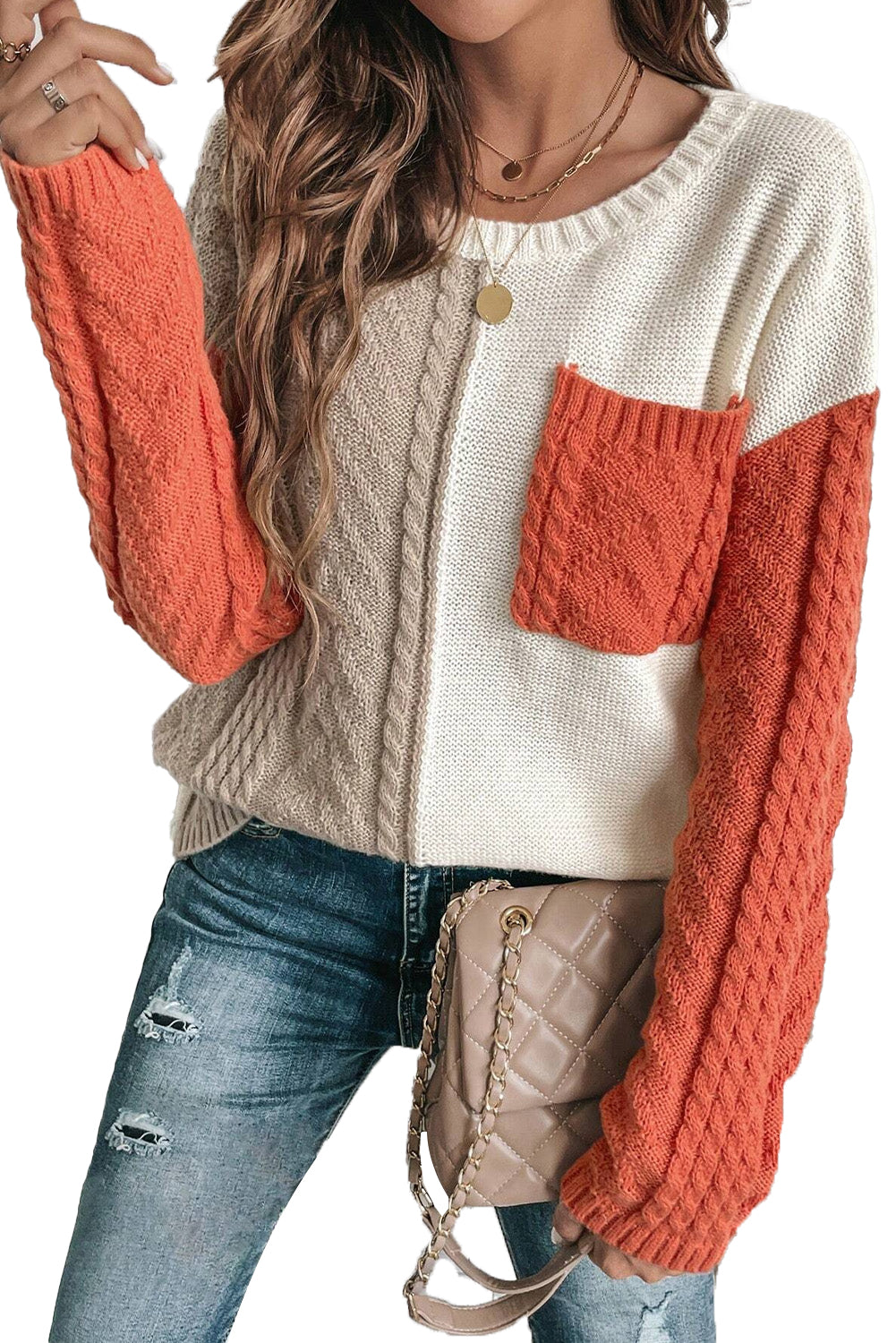 Rose Tan Colorblock Pocket Drop Shoulder Sweater