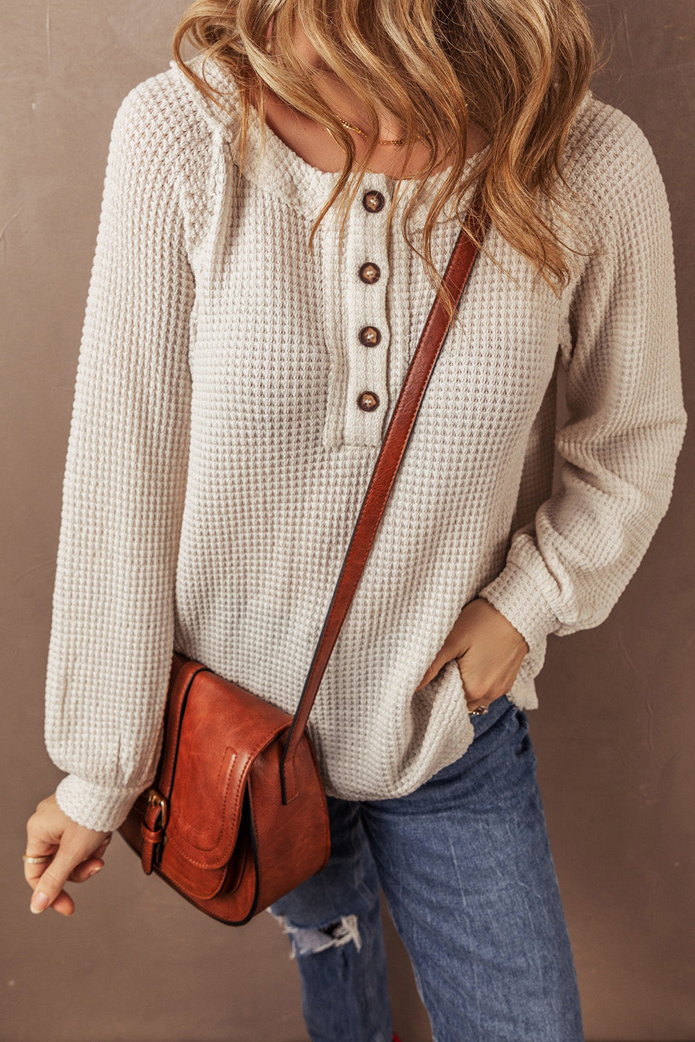 Oatmeal Waffle Knit Raglan Sleeve Loose Henley Top