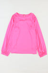 Pink Plain Satin Puff Long Sleeve Crewneck Blouse