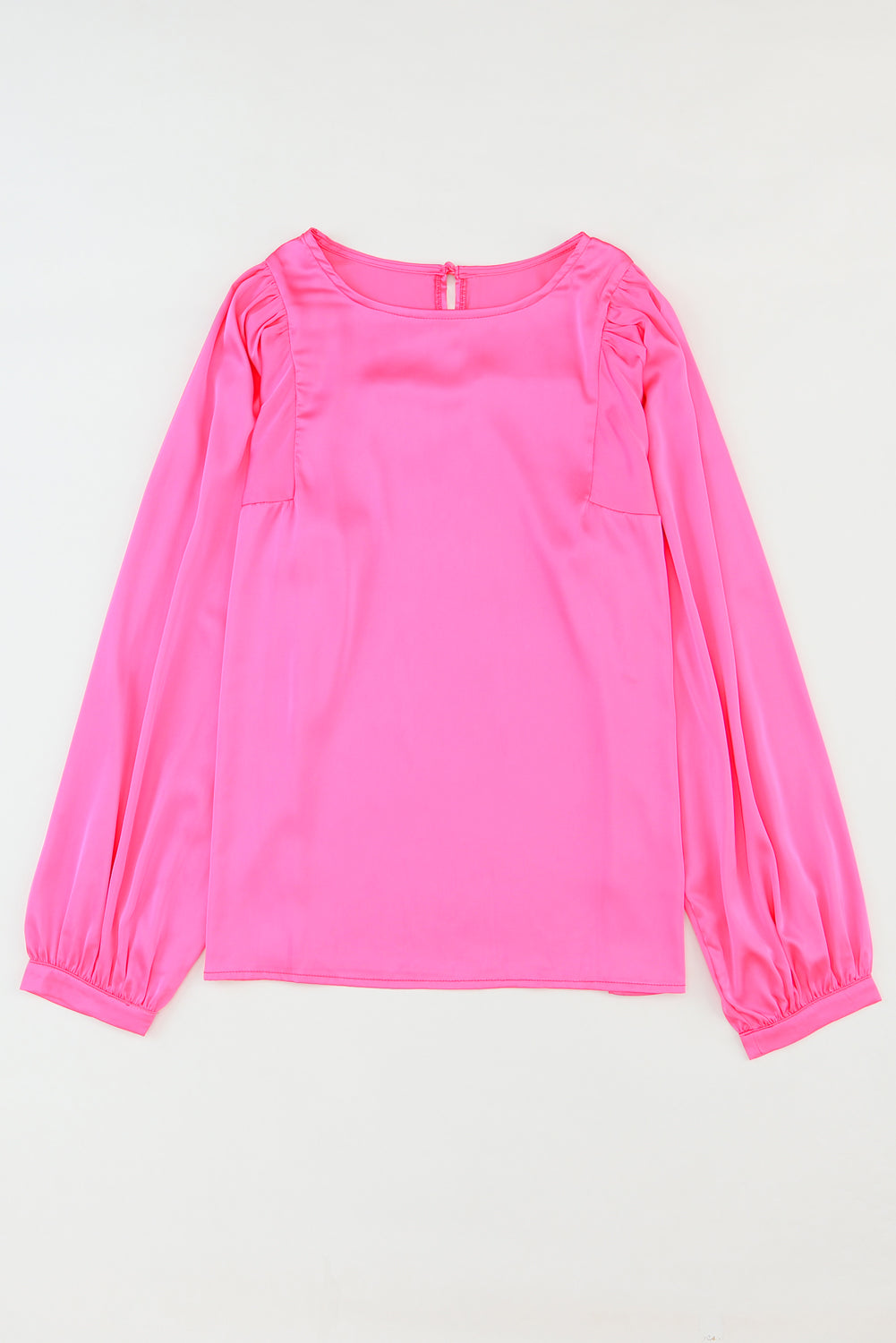 Pink Plain Satin Puff Long Sleeve Crewneck Blouse