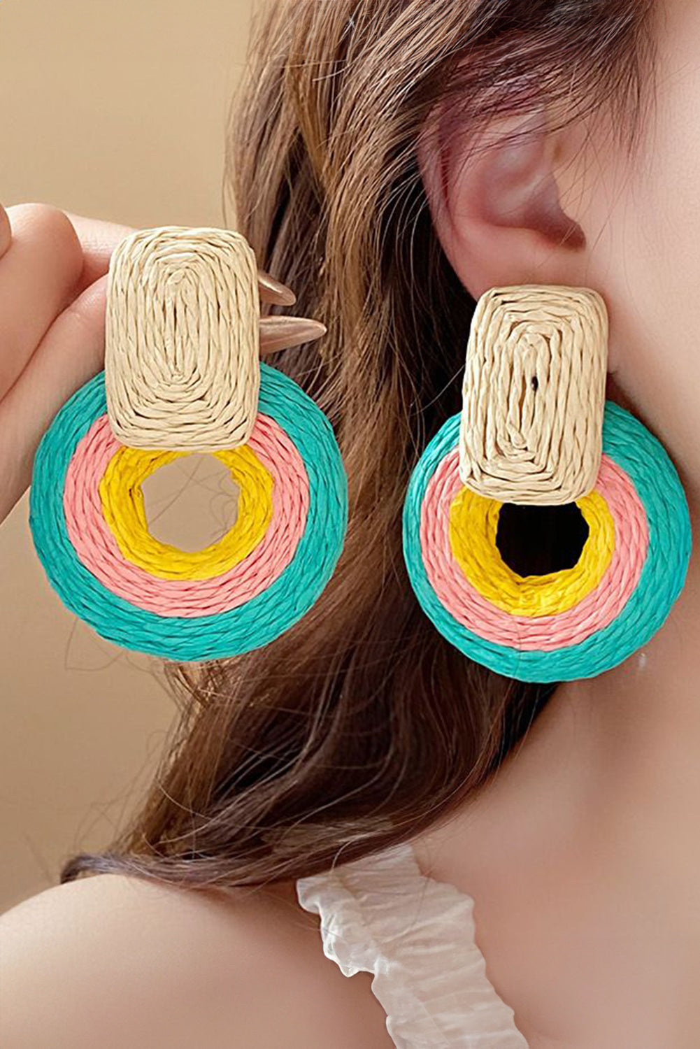 Green Colorblock Boho Woven Hoop Earrings