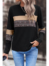 Khaki Leopard Colorblock Patchwork Crew Neck Top